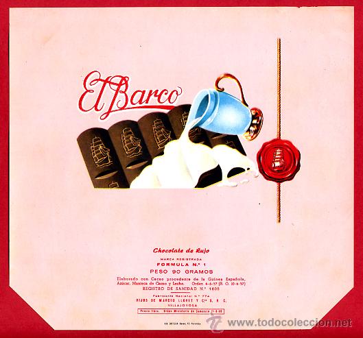 Etichette antiche: ETIQUETA CARTEL CHOCOLATES, EL BARCO LUJO , VILLAJOYOSA ALICANTE , PUBLICIDAD, ORIGINAL, G106