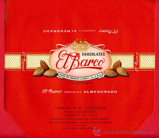 Etichette antiche: ETIQUETA CARTEL CHOCOLATES, EL BARCO ALMENDRADO , VILLAJOYOSA ALICANTE , PUBLICIDAD, ORIGINAL, G108
