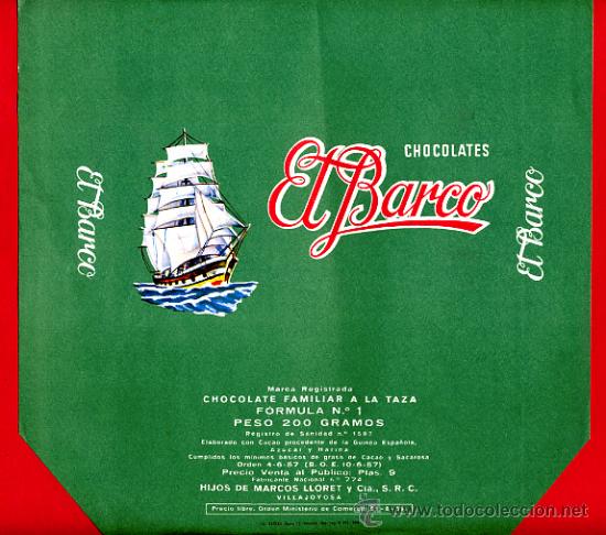 Etichette antiche: ETIQUETA CARTEL CHOCOLATES, EL BARCO A LA TAZA , VILLAJOYOSA ALICANTE , PUBLICIDAD, ORIGINAL, G108B