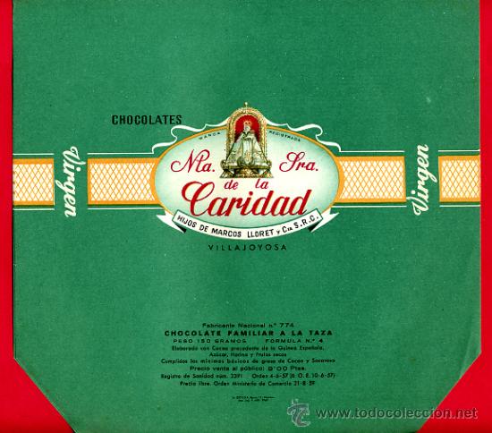 Etichette antiche: ETIQUETA CARTEL CHOCOLATES, VIRGEN DE LA CARIDAD , VILLAJOYOSA ALICANTE , PUBLICIDAD, ORIGINAL, G109