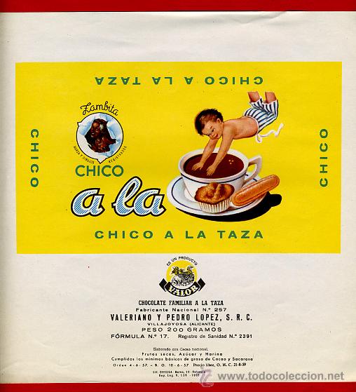 Etichette antiche: ETIQUETA CARTEL CHOCOLATES, CHICO A LA , TAZA , VILLAJOYOSA ALICANTE , ORIGINAL, G128
