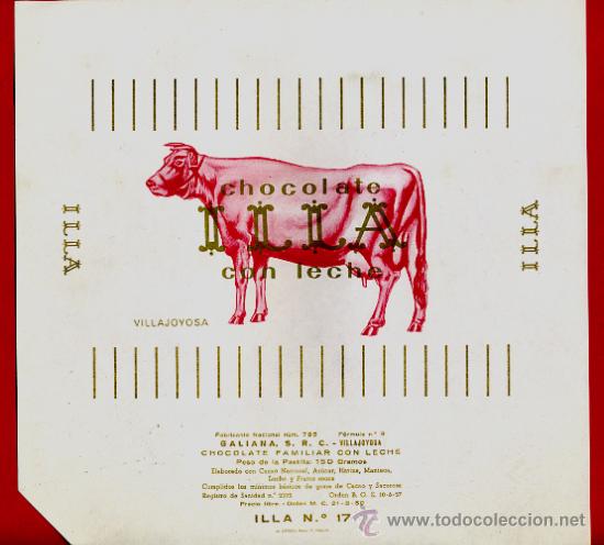 Etichette antiche: ETIQUETA CARTEL CHOCOLATES, ILLA , CON LECHE , VILLAJOYOSA ALICANTE , ORIGINAL, G131