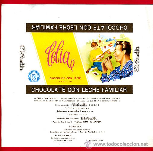 Etichette antiche: ETIQUETA CARTEL CHOCOLATES, CELIA , CON LECHE FAMILIAR, BIB-RAMBLA , GRANADA , ORIGINAL, G133
