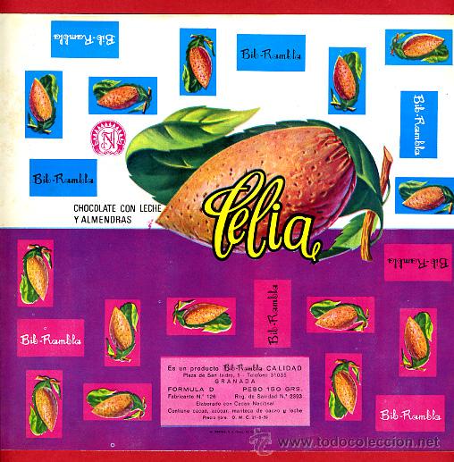 Etichette antiche: ETIQUETA CARTEL CHOCOLATES, CELIA , LECHE Y ALMENDRAS , BIB-RAMBLA , GRANADA , ORIGINAL, G134