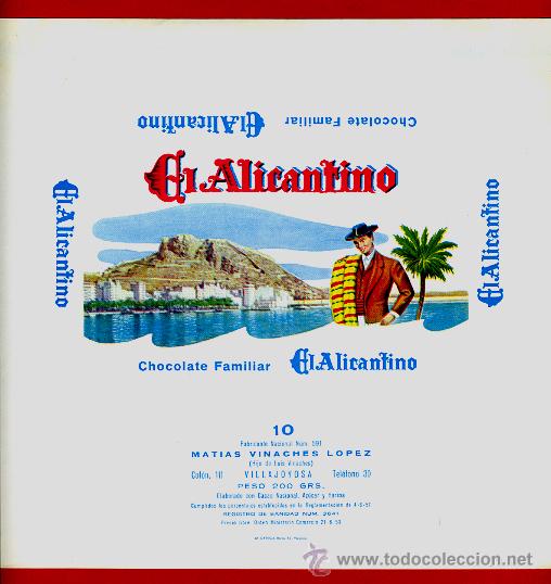 Old Labels: ETIQUETA CARTEL CHOCOLATES, EL ALICANTINO ,FAMILIAR , VILLAJOYOSA ALICANTE , ORIGINAL, G136