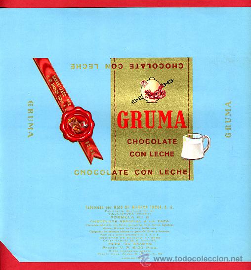Etichette antiche: ETIQUETA CARTEL CHOCOLATES, GRUMA , CON LECHE, VILLAJOYOSA ALICANTE , ORIGINAL, G164