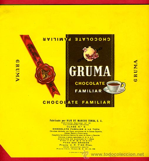 Etichette antiche: ETIQUETA CARTEL CHOCOLATES, GRUMA , FAMILIAR , VILLAJOYOSA ALICANTE , ORIGINAL, G166