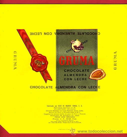 Etichette antiche: ETIQUETA CARTEL CHOCOLATES, GRUMA , ALMENDRA CON LECHE , VILLAJOYOSA ALICANTE , ORIGINAL, G167