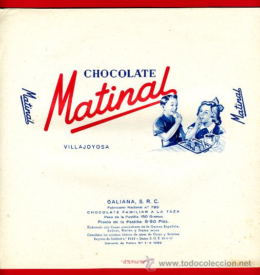 Old Labels: ETIQUETA CARTEL CHOCOLATES, MATINAL , A LA TAZA , VILLAJOYOSA ALICANTE , ORIGINAL, G178