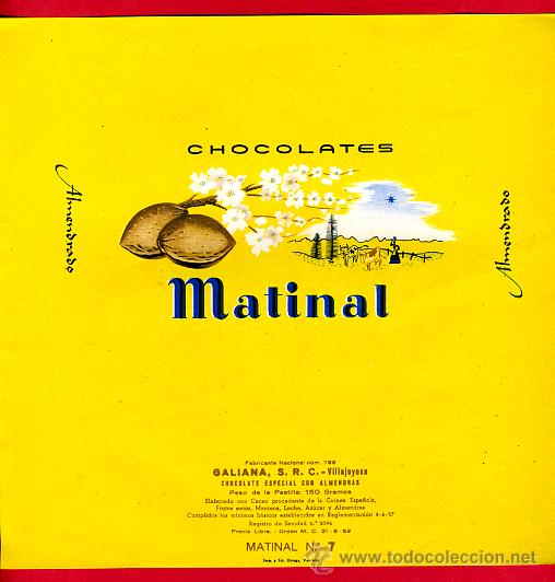Etichette antiche: ETIQUETA CARTEL CHOCOLATES, MATINAL , ALMENDRADO , VILLAJOYOSA ALICANTE , ORIGINAL, G184