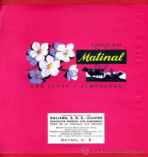 Etichette antiche: ETIQUETA CARTEL CHOCOLATES, MATINAL , LECHE ALMENDRAS , VILLAJOYOSA ALICANTE , ORIGINAL, G186
