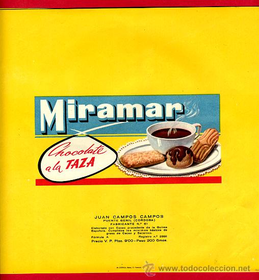 Etichette antiche: ETIQUETA CARTEL CHOCOLATES, MIRAMAR , A LA TAZA , PUENTE GENIL CORDOBA , ORIGINAL, G191