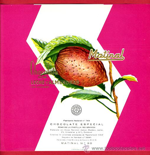 Etichette antiche: ETIQUETA CARTEL CHOCOLATES, MATINAL , LECHE ALMENDRAS , VILLAJOYOSA ALICANTE , ORIGINAL, G192