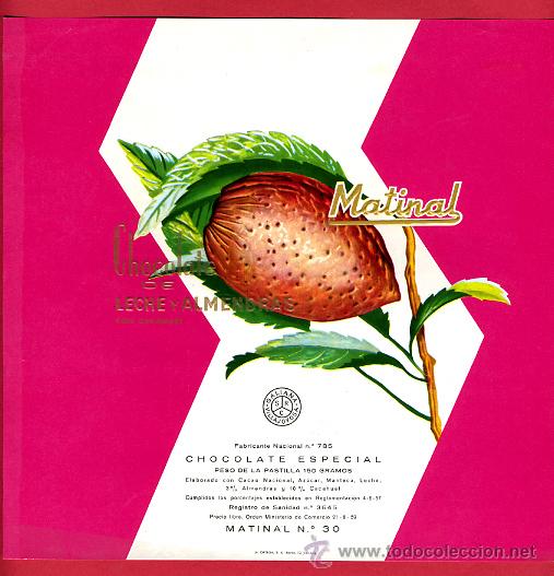 Etichette antiche: ETIQUETA CARTEL CHOCOLATES, MATINAL , LECHE ALMENDRAS , VILLAJOYOSA ALICANTE , ORIGINAL, G197