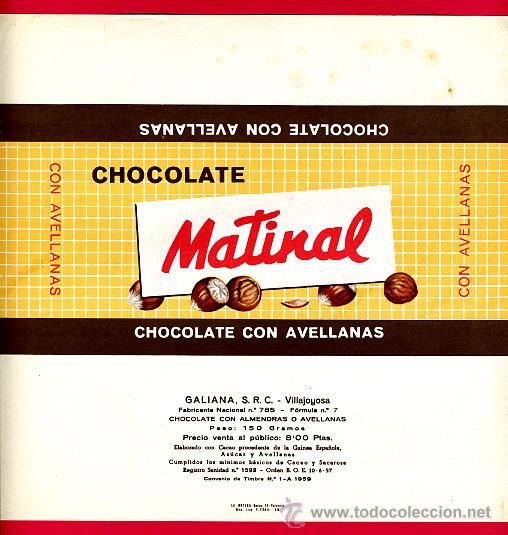 Etichette antiche: ETIQUETA CARTEL CHOCOLATES, MATINAL , CON AVELLANAS  , VILLAJOYOSA ALICANTE , ORIGINAL, G201