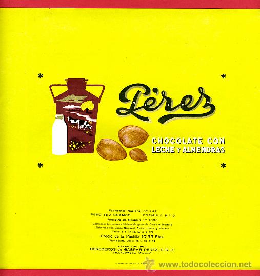 Etichette antiche: ETIQUETA CARTEL CHOCOLATES, PEREZ , LECHE ALMENDRAS , VILLAJOYOSA ALICANTE , ORIGINAL, G213