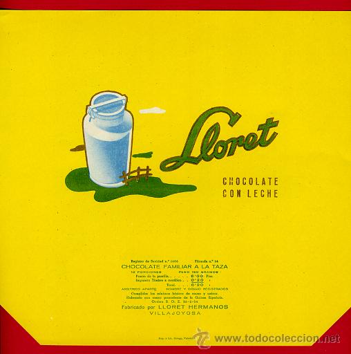 Alte Etiketten: ETIQUETA CARTEL CHOCOLATES, LLORET , CON LECHE , VILLAJOYOSA ALICANTE , ORIGINAL, G12