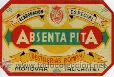 Old Labels: MONOVAR (ALICANTE).- ABSENTA 'PITA' DE DESTILER&Iacute;AS ROM&Aacute;N.- TAMA&Ntilde;O 12 x 8 CM.