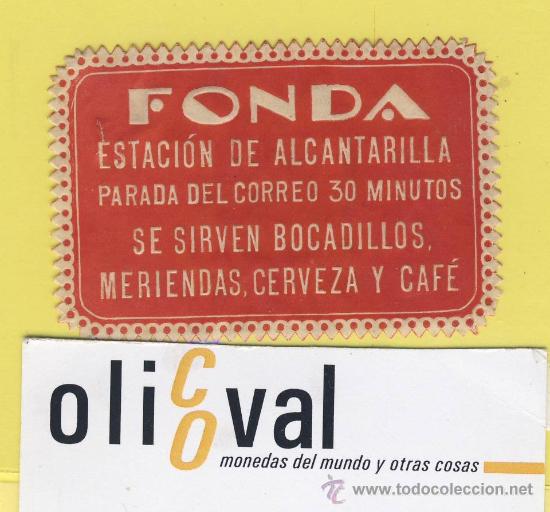 Etiquetas antiguas: ETIQUETA HOTEL- Procedente de muestrario Fonda estacion de Alcantarlla- Murcia-