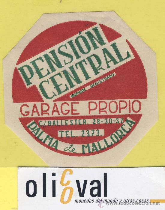 Etiquetas antiguas: ETIQUETA HOTEL- hotel pension central palma de mallorca -baleares - espa&ntilde;a-80 mm