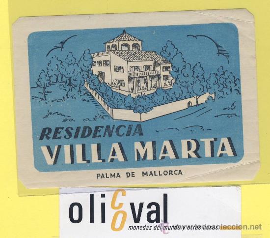 Etiquetas antiguas: ETIQUETA HOTEL- hotel villa marta palma de mallorca -baleares - espa&ntilde;a-115 x75mm