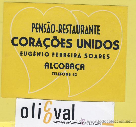 Etiquetas antiguas: ETIQUETA  HOTEL-  Pensao cora&ccedil;oes unidos alcoba&ccedil;a -Portugal -100 x 72 mm
