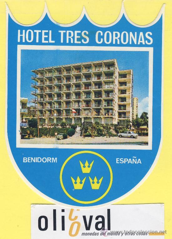 Etiquetas antiguas: ETIQUETA HOTEL- Alicante - hotel tres coronas benidorm 118 x 92 mm