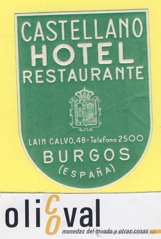 Etiquetas antiguas: ETIQUETA HOTEL- Burgos -Hotel Castellano - burgos 60 x 80 mm