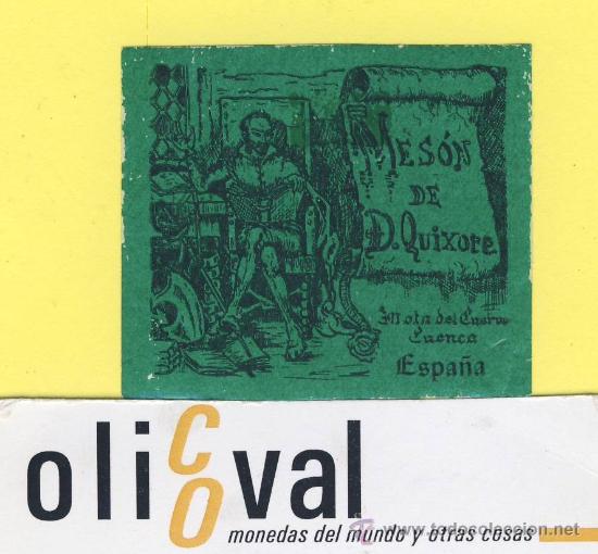 Etiquetas antiguas: ETIQUETA HOTEL-cuenca - meson de d.quixote - mota del cuervo 53 x 45 mm -