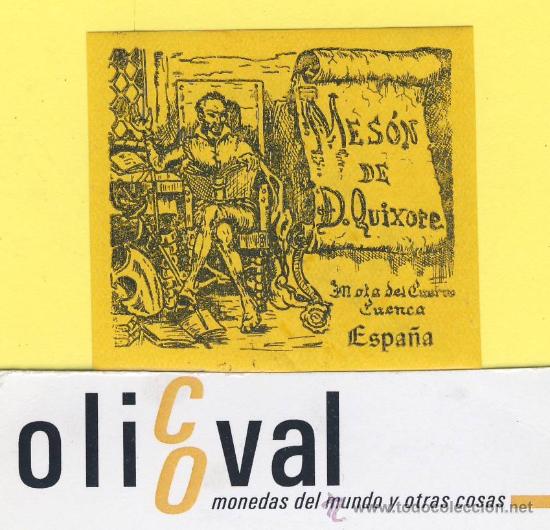 Etiquetas antiguas: ETIQUETA HOTEL-cuenca - meson de d.quixote - mota del cuervo 53 x 45 mm - Amarilla.