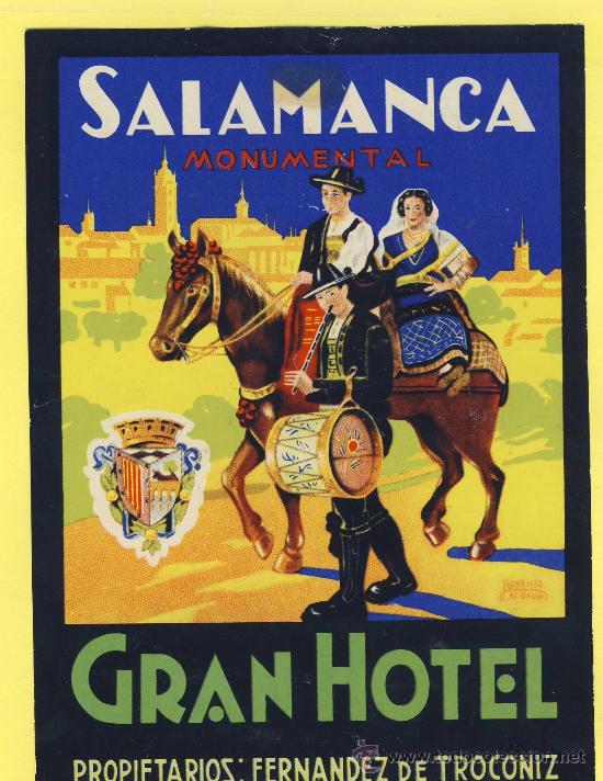 Etiquetas antiguas: ETIQUETA  HOTEL- Salamanca - Gran  hotel     - Salamanca - negro 100 x  143 mm