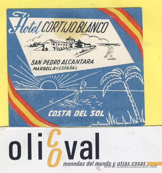 Etiquetas antiguas: ETIQUETA HOTEL-Malaga- hotel cortijo blanco -san pedro de alcantara.- Malaga - troquel 64 x 55 mm