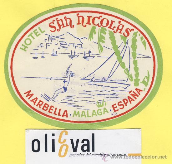 Etiquetas antiguas: ETIQUETA  HOTEL-Malaga-hotel san nicolas  -marbella -malaga- troquel  105    mm