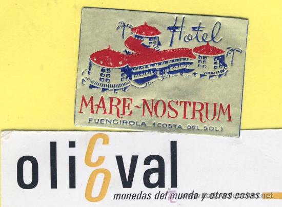 Etiquetas antiguas: ETIQUETA HOTEL-Malaga-hotel mare nostrum -fuengirola malaga - metalizada oro-42 x 32 mm-