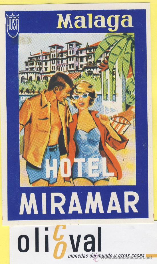 Etiquetas antiguas: ETIQUETA HOTEL-Malaga-hotel miramar - malaga -110 x 73 mm-cadena husa -ilustrador
