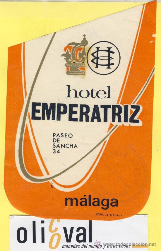 Etiquetas antiguas: ETIQUETA  HOTEL-Malaga-hotel emperatriz malaga -125 mm-pie de imprenta
