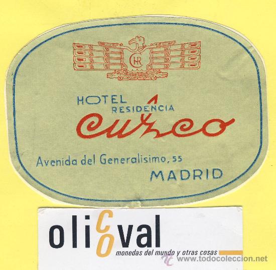 Etiquetas antiguas: ETIQUETA  HOTEL-Madrid  - hotel residencia cruzco    - Madrid- metalizada  oro  -  100 mm
