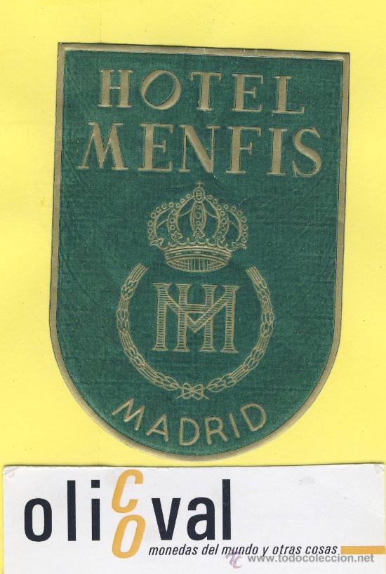Etiquetas antiguas: ETIQUETA  HOTEL-Madrid  - hotel  menfis - Madrid- 60 x 78  mm- troquel-oro