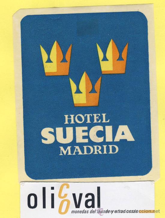 Etiquetas antiguas: ETIQUETA  HOTEL-Madrid  - hotel  suecia  - Madrid-80 x 102  mm  troquel  mm celeste