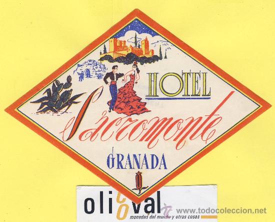 Etiquetas antiguas: ETIQUETA  HOTEL-Granada - Hotel Sacromonte -Serie Monta&ntilde;as  -Granada -troquel  148 mm