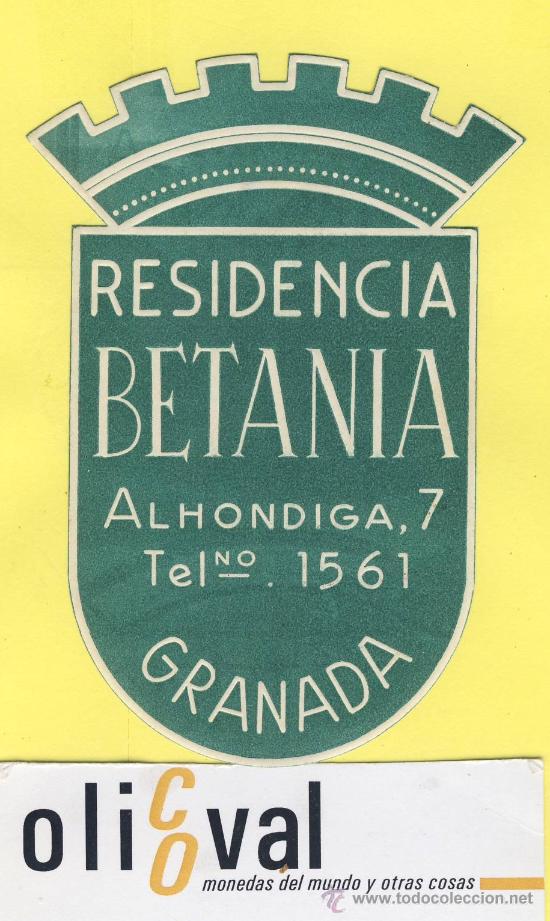 Etiquetas antiguas: ETIQUETA  HOTEL-Granada - Residencia Betania  - -Granada  110  mm