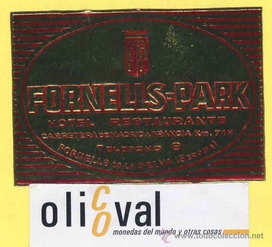 Etiquetas antiguas: ETIQUETA HOTEL .-Gerona -Hotel Fornells Park -Fornells de la selva -metalizada oro -90 x 62 mm