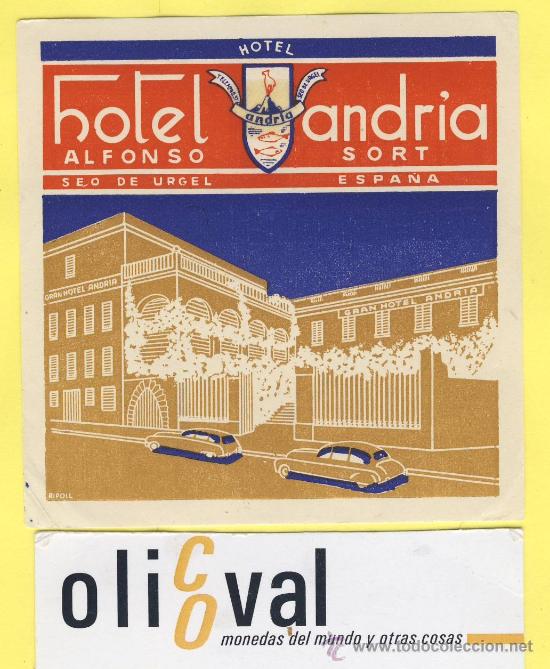Etiquetas antiguas: ETIQUETA  HOTEL - Lerida  - Hotel  andria   -Seo de Urgel  -Lerida-  80 x 80- mm -