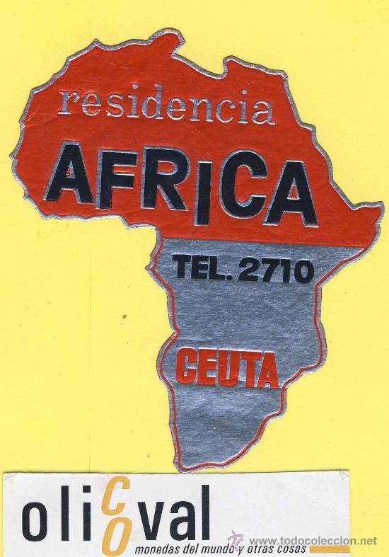 Etiquetas antiguas: ETIQUETA HOTEL- Ceuta - Residencia africa - a&ntilde;os 40 -Troquel plateado impreso-98 x 85