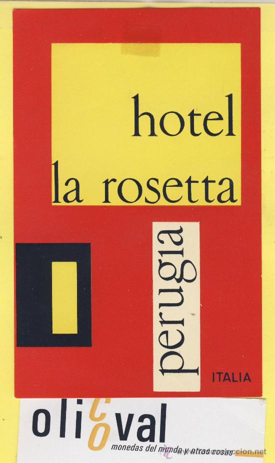 Etiquetas antiguas: ETIQUETA HOTEL-  HOTEL LA ROSETTA PERUGIA    ITALIA 80 X 122  mm