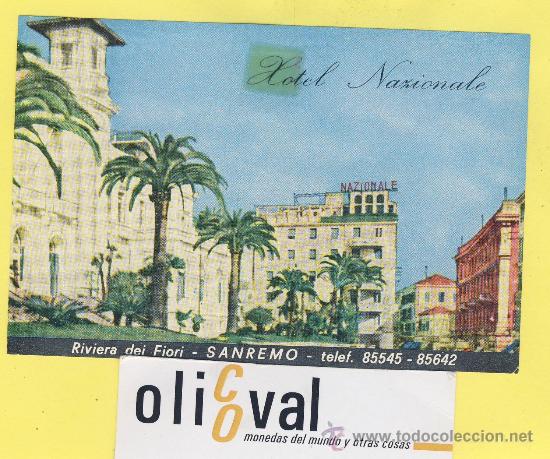 Etiquetas antiguas: ETIQUETA HOTEL-  HOTEL  NAZIONALE SAN REMO TEL    ITALIA  118 X 76  mm