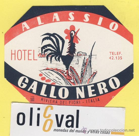 Etiquetas antiguas: ETIQUETA HOTEL-  HOTEL  ALASSIO GALLO NEGRO.RIVIERA DEI FIORI     ITALIA  89 X 70 mm