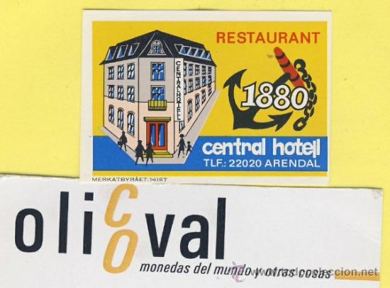 Etiquetas antiguas: ETIQUETA  HOTEL-NORUEGA-NORGE NORWAY   HOTELL  CENTRAL  ARENDAL -PIE DE IMPRENTA 50 X 35mm