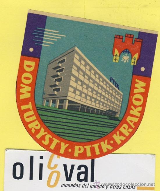 Etiquetas antiguas: ETIQUETA  HOTEL-POLONIA-POLSKA -POZMAN-HOTEL PTTK KRAKOW  72 X 70mm