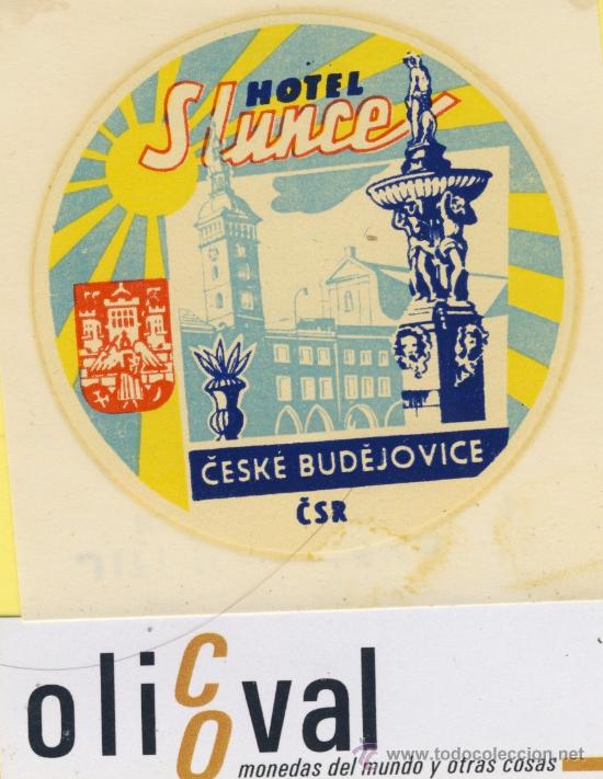 Etiquetas antiguas: ETIQUETA  HOTEL -Republica Checa- Checoslovaquia-Hotel Slunce budejovice 75 x 75  mm